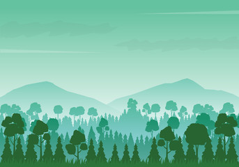 Wall Mural - Vector illustration of foggy jungle and mountains. Jungle silhouette with green color. Jungle and mountain background 