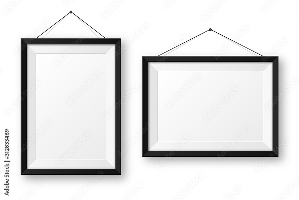 Realistic hanging on a wall blank black picture frame with shadow. Modern poster mockup isolated on white background. Empty photo frame for art gallery or interior. Vector illustration. - obrazy, fototapety, plakaty 