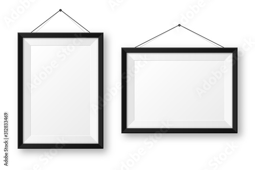 Fotomural Realistic hanging on a wall blank black picture frame with shadow