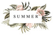 Tropical summer slogan palm leaves floral, lotus flower vintage illustration. Exotic frame print.