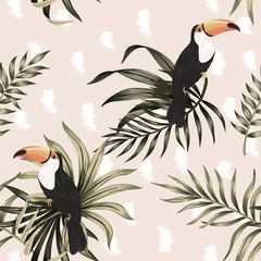 Tropical vintage exotic bird toucan, palm leaves floral seamless pattern pink background. Exotic jungle wallpaper.