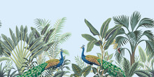 Tropical Vintage Peacock Bird, Palm Tree And Plant Floral Seamless Border Blue Background. Exotic Jungle Wallpaper.