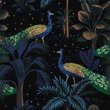 Tropical Night Vintage Peacock Bird, Palm Tree, Plant, Stars Sky Floral Seamless Pattern Black Background. Exotic Dark Jungle Wallpaper.