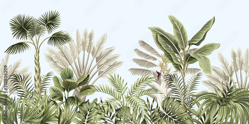  Tropical vintage botanical landscape, palm tree, banana tree, plant floral seamless border blue background. Exotic green jungle wallpaper. - obrazy, fototapety, plakaty 