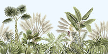 Tropical Vintage Botanical Landscape, Palm Tree, Banana Tree, Plant Floral Seamless Border Blue Background. Exotic Green Jungle Wallpaper.