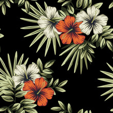 Tropical Vintage Red White Hibiscus Flower, Palm Leaves Floral Seamless Pattern Black Background. Exotic Jungle Wallpaper.