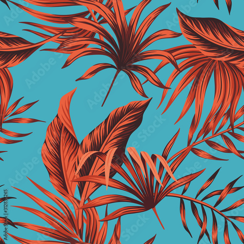Dekoracja na wymiar  tropikalny-wzor-czerwony-palm-pozostawia-kwiatowy-wzor-niebieskie-tlo-tapeta-egzotyczna-dzungla