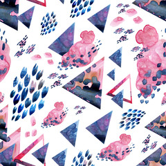 Seamless background with watercolor spots and geometric shapes. Ornament of triangles and spots. Abstract pattern of pink and blue paint strokes.