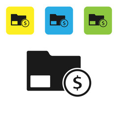 Black Envelope with coin dollar symbol icon isolated on white background. Salary increase, money payroll, compensation income. Set icons colorful square buttons. Vector Illustration