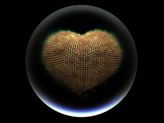3d render of abstract golden heart in wire structure with small glass and gold balls in big glass ma