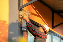 House Owner Removing The Bird Nest Form House Wall Lamp. Man Cleaning The House Or Maintenance Concept