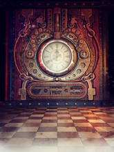 Steampunk Clock In An Old Vintage Room With Red Light And Fog. 3D Render.