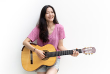 Woman Musician Play Acoustic Guitar On White Background.concept For Live Music