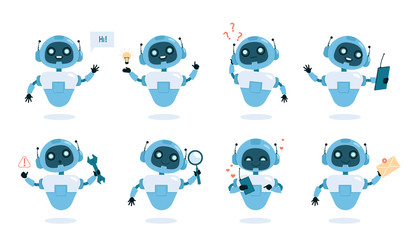 Chatbot functions and abilities flat vector illustrations set