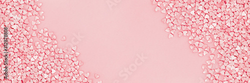 Fotografía Trendy shining silver candy pink hearts background of cake sprinkles in flat lay with copy space, for feminine blogger or festive love and Valentine's Day concept