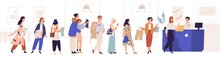 Shopping In Store Flat Vector Illustration. Sale, Discount, Special Offer Concept. Seller And People Standing In Queue Cartoon Characters. Male And Female Customers Isolated On White Background.