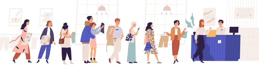 Wall Mural - Shopping in store flat vector illustration. Sale, discount, special offer concept. Seller and people standing in queue cartoon characters. Male and female customers isolated on white background.