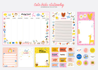 Collection of weekly or daily planner, note paper, to do list, stickers templates decorated by cute kids illustrations and inspirational quote. School scheduler and organizer. Flat vector