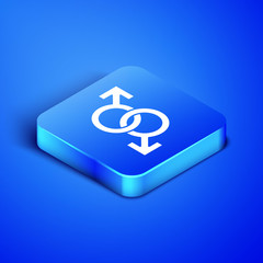 Isometric Male gender symbol icon isolated on blue background. Blue square button. Vector Illustration