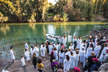 Christian Pilgrims Baptized Dressed In White Shirt