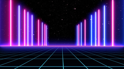 Retro cyberpunk style 80s Sci-Fi Background Futuristic with laser grid landscape. Digital cyber surface style of the 1980`s. 3D illustration