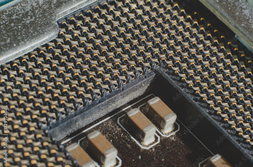 Detailed view of an empty cpu socket. Macro photo of the chips and pins ...