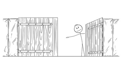 Vector cartoon stick figure drawing conceptual illustration of man or businessman standing behind open gate inviting to go inside or enter.