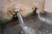Hot Spring Water. Lion Head Fountain Pouring Water. Caldas De Reis, Spain