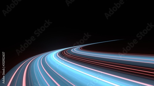 Fotomural 3D Rendering of curved blue and red light path trail