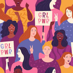 Wall Mural - Girl Power pattern. Vector seamless pattern of diverse multinational women's crowd with placards in trendy flat style and colors.