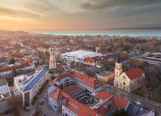 Europe Hungary Siofok Lake Balaton. Cityscape sunset water tower panorama