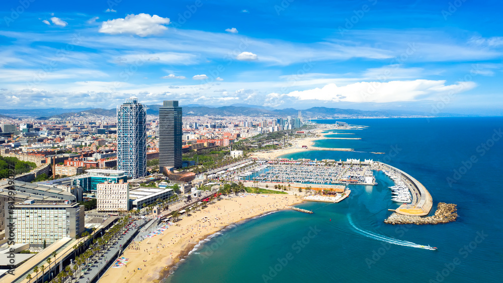 Barcelona, Spain aerial panorama Somorrostro beach, top view central district cityscape outdoor catalonia skyline - obrazy, fototapety, plakaty 