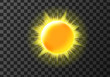 Sun disk with rays, weather meteo icon cartoon vector illustration. Yellow shiny sun with radiant light. Element for weather forecast, isolated on transparent background