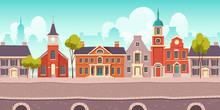 Urban Street Landscape 18th Century With Residential, Government And Church Buildings, Retro Cartoon Vector Background. Cityscape With Pavement, Facades, Vintage Town Poster
