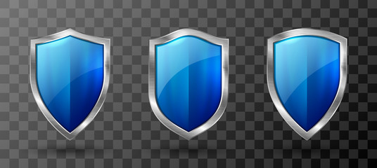 Wall Mural - blue shield metal frame realistic vector illustration. blank blue glass or acrylic panel with reflec
