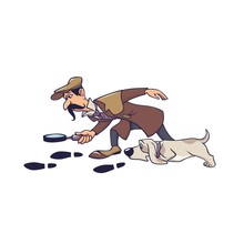 Mature Male Detective With Dog Following On Track Isolated On White. Man Cartoon Character Looking On Trace Using Magnifying Glass Doggy Hunting By Footprints Vector Graphic Illustration