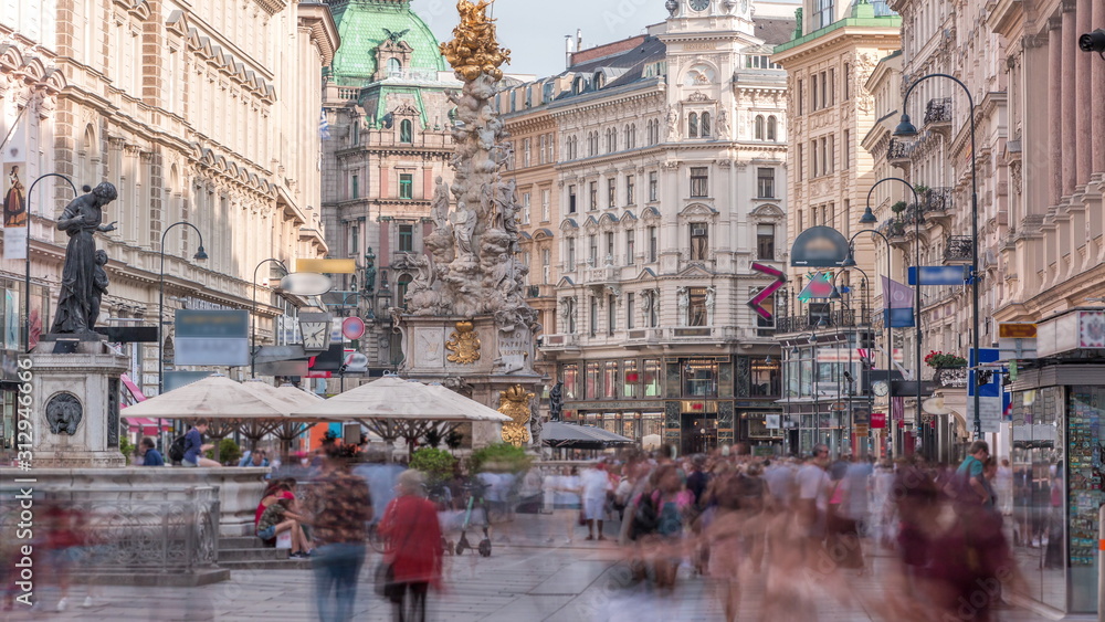People is walking in Graben St. timelapse, old town main street of Vienna, Austria. - obrazy, fototapety, plakaty 