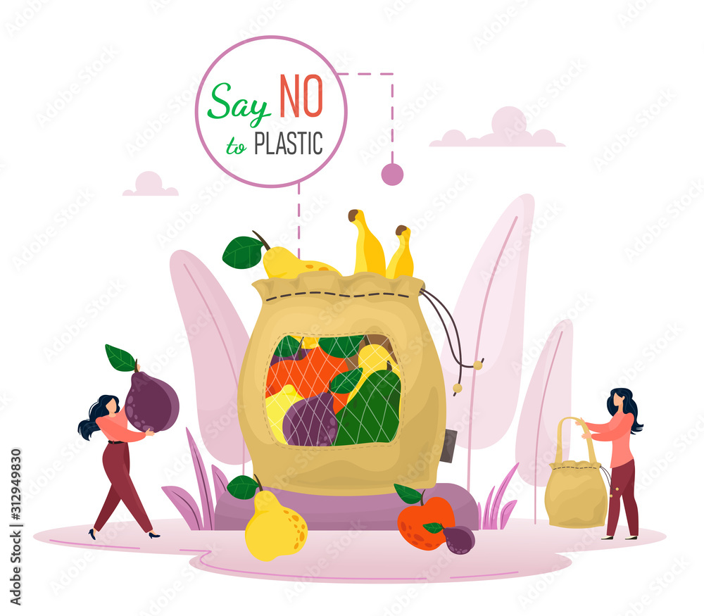 Zero waste concept. Say no to the plastic. Tiny characters use fabric ...