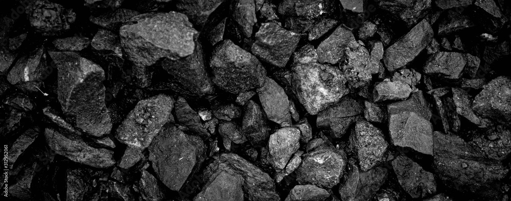 A heap of black natural coal, photo of coal mine background, texture - obrazy, fototapety, plakaty 