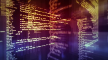 Loopable program code moving on a computer screen. Multicolored. 2 videos in 1 file. 360.