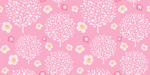 Vector Seamless Pattern With Cherry Trees And Sakura Flowers On Pastel Pink Background. Floral Abstract Print With Blossoms. Hand Drawn Vector   Illustration.