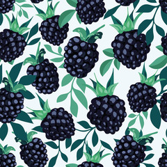 Wall Mural - Tropical seamless pattern with BlackBerry berries on white background. Floral print. Bramble (dewberry) and green foliage. Fruit repeated background. Hand drawing illustration. Vector perfect design. 