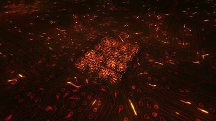 Futuristic circuit board with moving electrons. Loopable. Technology. Orange. 360 shot with CPU animation. Lateral view. More color options in my portfolio.