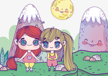 Kids, Cute Little Girls Anime Cartoon Landscape Mountains Sun Sky