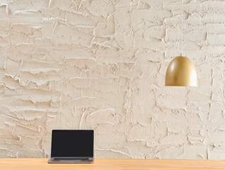 Wall Mural - Decorative textured grey stone wall, wooden desk and frame, home ornament detail.