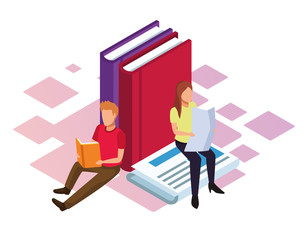 Sticker - isometric design of big books and woman and man reading, colorful design