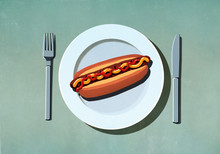 Hot Dog With Ketchup And Mustard On Plate