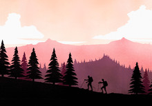 Silhouette Backpackers With Hiking Poles Ascending Mountain Slope