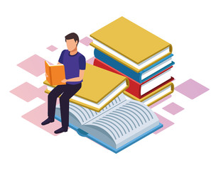 Poster - man reading a book with big books around, colorful design