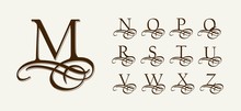 Vintage Set 2. Calligraphic Capital Letters With Curls For Monograms And Logos. Beautiful Filigree Font With Elements Of Arabic Calligraphy